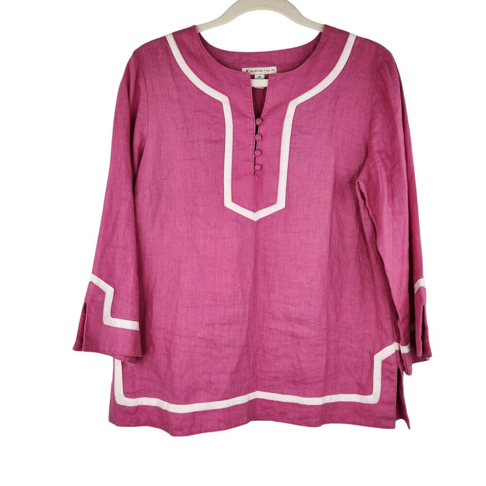JM Collection Pink 100% Tunic Linen Top Women's Size 10P Preppy Costal 60s
